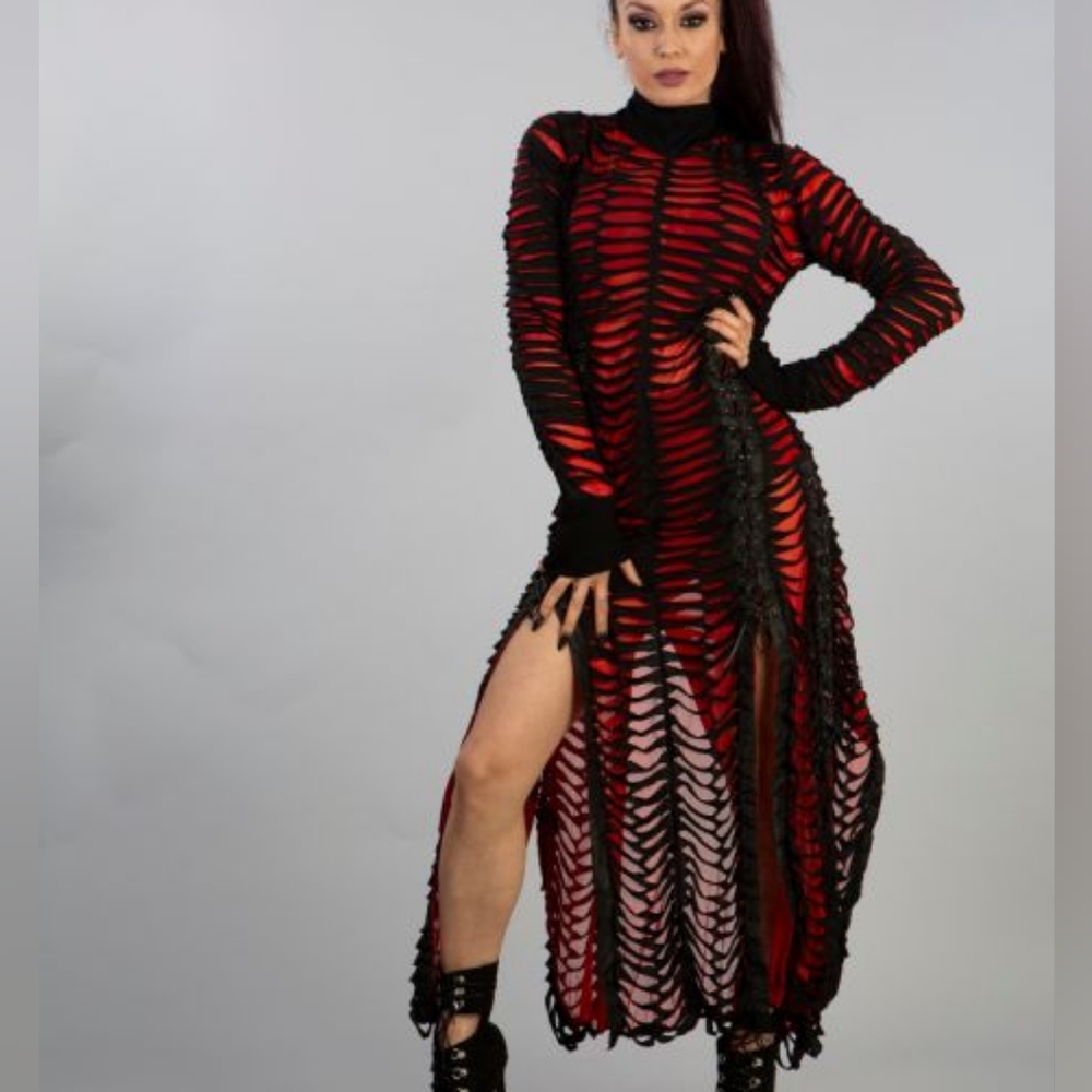 Burleska razor cut mesh and cotton dress in black on black size M - Picture 2 of 3